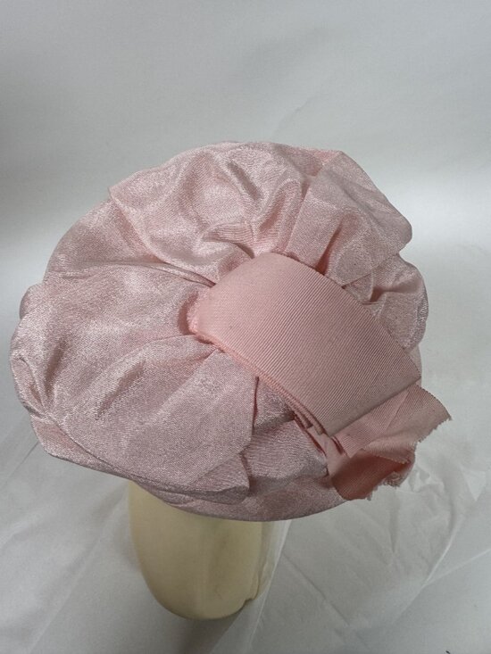 Vintage Pink Satin Womens Hat With Ruched Crown & Ribbon Accent